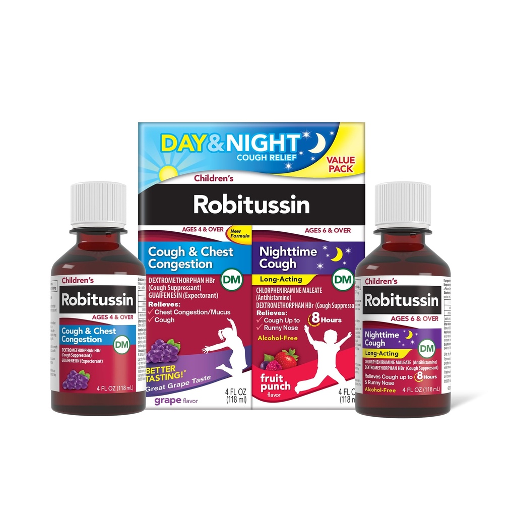 Children's Robitussin DM Day and Night Cough Relief Value Pack, Cough Medicine, Grape/Fruit Punch Flavor - 4 Fl Oz x 2
