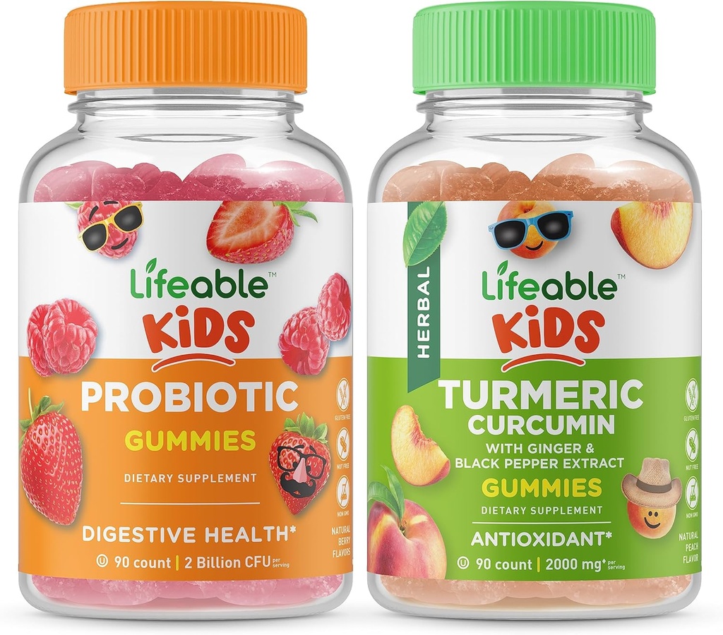 Lifeable Probiotic 2 Billion CFU Kids + Turmeric Curcumin Kids, Gummies Bundle - Great Tasting, Vitamin Supplement, Gluten Free, GMO Free, Chewable Gummy