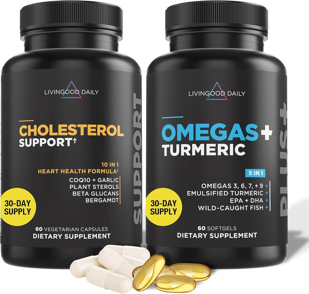 Livingood Daily Cholesterol Support, 60 Vegetarian Capsules - CoQ10, Plant Sterols, Plant Sterols, Bergamot, & Garlic Supplements Support Heart Health & Healthy Lipid Production - Non-GMO & Vegan