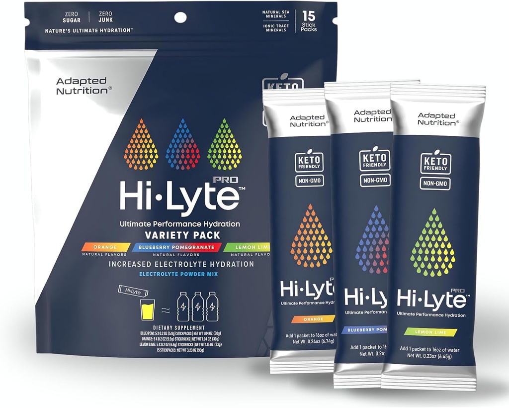 Adapted Nutrition Hi-Lyte Pro Hydration Packets - 15 Individual Drink Packets | Variety Pack | Flavored Electrolyte Powder | Sugar-Free, Zero Carb, Zero Calorie