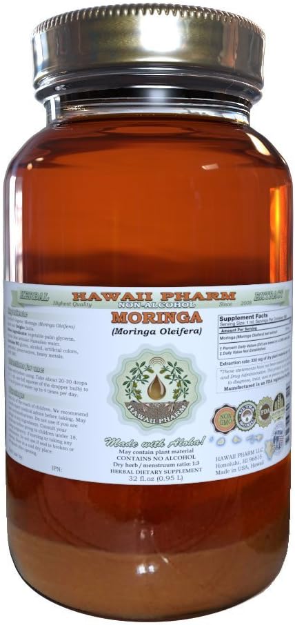 Hawaii Pharm Moringa Alcohol-Free Liquid Extract, Moringa (Moringa Oleifera) Leaf Glycerite Natural Herbal Supplement, USA 32 oz Unfiltered