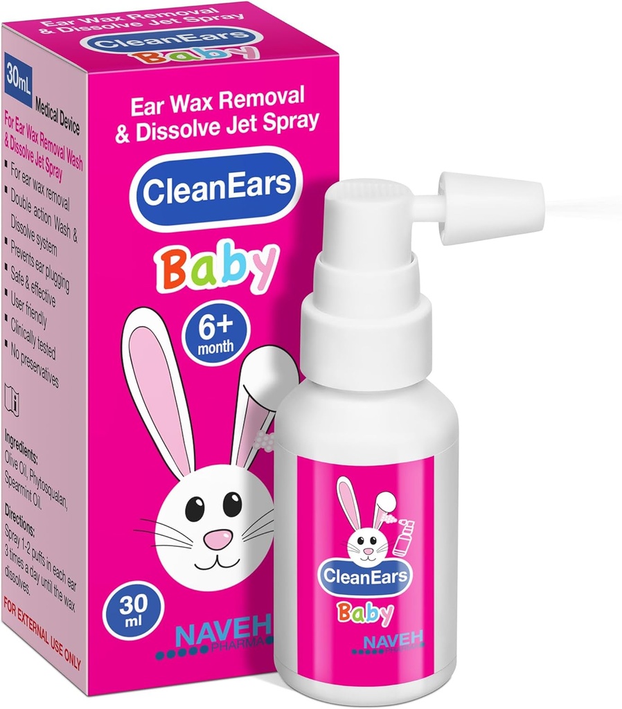 NAVEH PHARMA® CleanEars Baby | Fast-Acting Ear Wax Removal Spray | Breaks Down & Dissolves Earwax in Just 1 Treatment | Clinically Proven to Be 300% More Effective | Mineral Oil, Gentle&Safe | 1 OZ