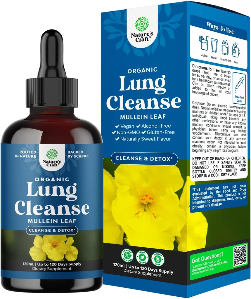 USDA Organic Mullein Drops for Lungs - Herbal Lung Detox & Cleanse with Marshmallow Root Extract & Plantain Leaf for Respiratory Lung Health - Mullein Leaf Tincture Drops for Breathing Support - 120ml