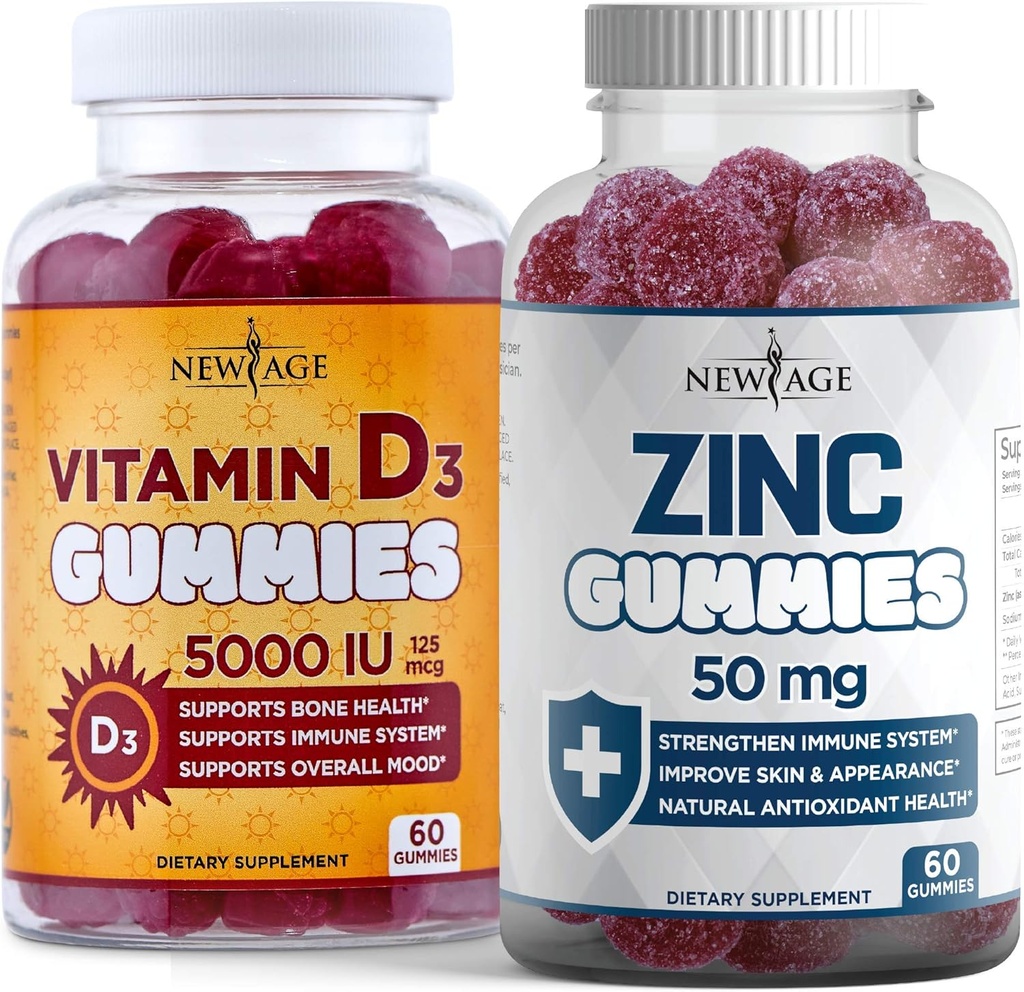 NEW AGE Immune Defense Combo - 2 Pack - Vitamin D3 Gummies 5000 IU 125mcg & High Potency Zinc Gummies, Immune Booster 120 Count