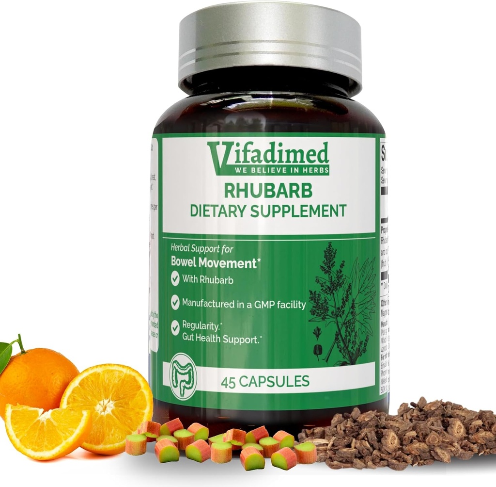 Rhubarb- Herbal Constipation Support, Gut Motility Supplement,Gentle Non-Laxative, Natural Stool softeners, Bloating & Gas Relief, Daily Bowel Movement, Herbal Poop Pills, 45 Capsules