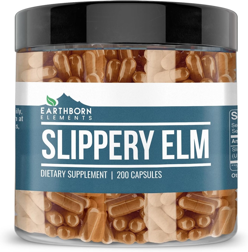 Earthborn Elements Slippery Elm 200 Capsules, Pure & Undiluted, No Additives