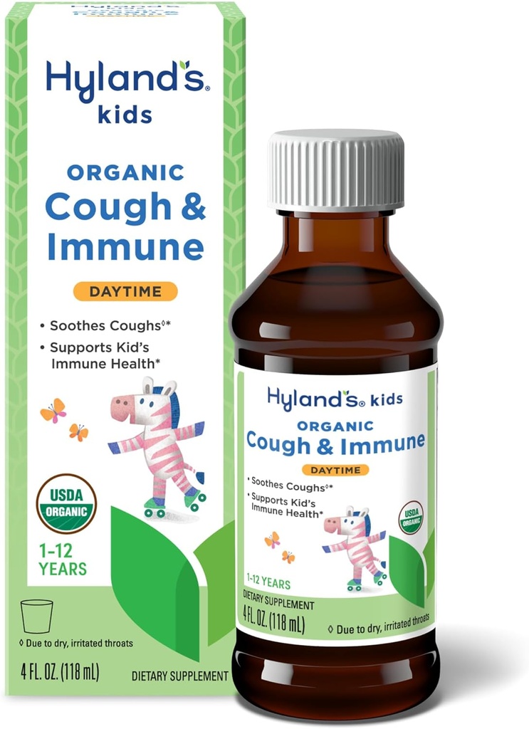 Hyland's Kids Daytime Organic Cough Syrup and Immune Support with Agave, Elderberry and Pomegranate, Soothes Cough, and Supports Immunity, 4 Fl. Oz