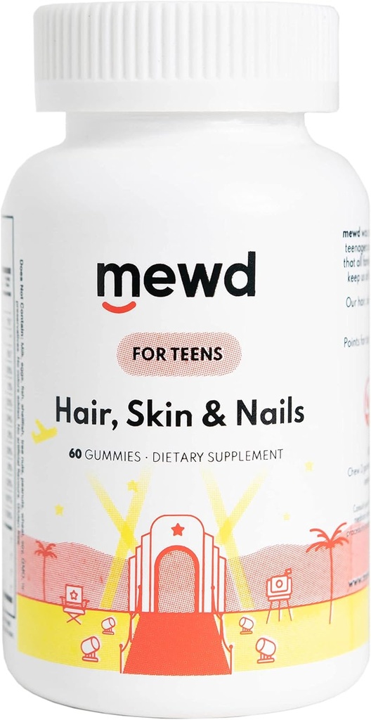 MEWD Teen and Kids Hair, Skin+Nails Daily Multivitamin Gummy Strengthener Formula - Chewable Vitamin Supplements with Biotin,Zinc,Vitamins A, B, & D3 for Girls & Boys, 60, Made in USA