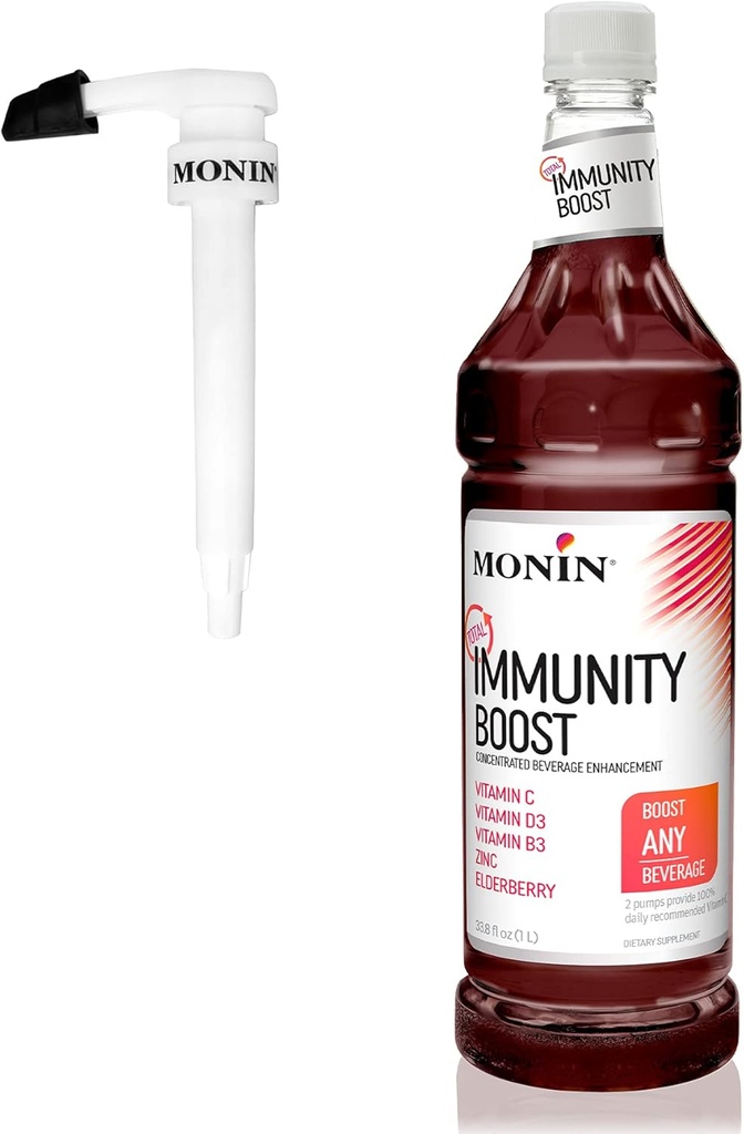 Monin - Total Immunity Boost, Immune Support Supplement, Liquid Blend of Vitamins, Minerals, & Antioxidants, Immune Boosting Vitamin C & D + Elderberry, For All Beverages, Low Calorie (1 Liter + Pump)
