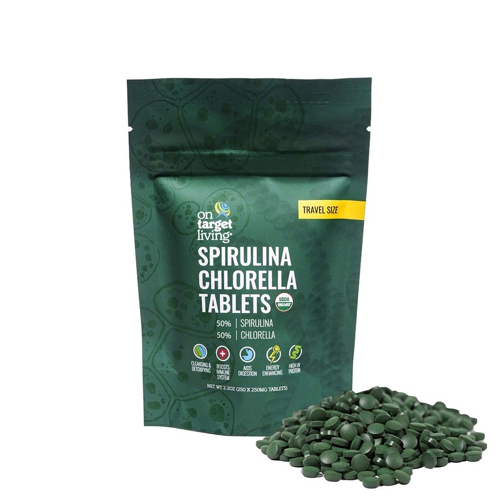 On Target Living Organic Spirulina Chlorella Travel Size | Super Greens | USDA Organic | 250 Tablets- 250 G (2.2 oz) | Vegan | Immune Support | Alkalyzing | Protein Dense