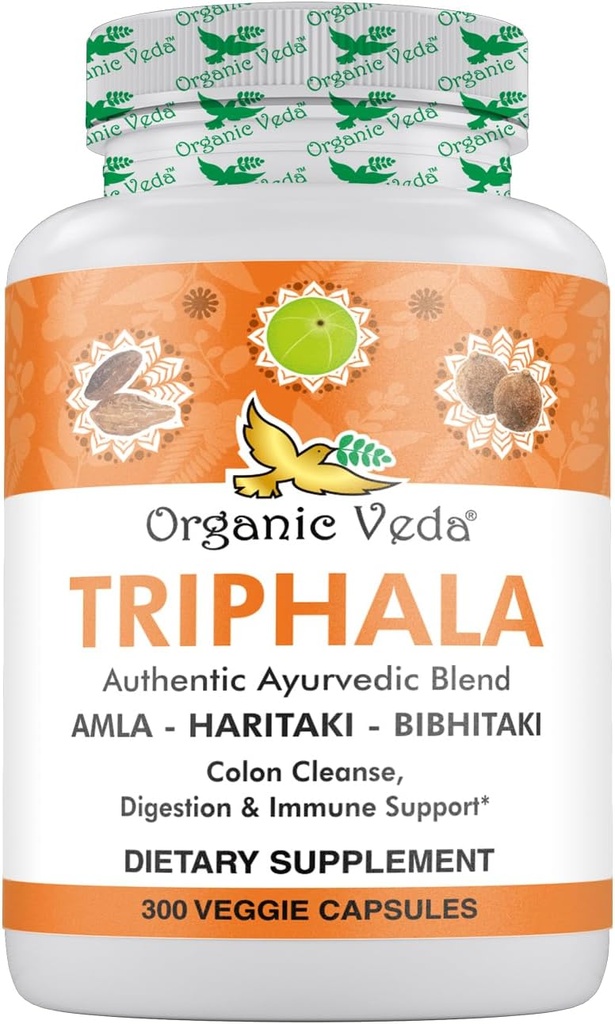 Organic Veda Triphala Powder 300 Capsules, 1000mg - Organic Triphala Supplement for Colon Cleanse, Immune, Gut & Digestion Health - Whole Green Antioxidants Amla, Haritaki & Bibhitaki - Vegan Pills