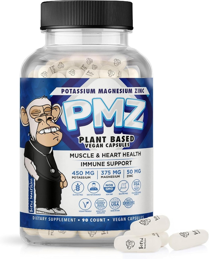 Potassium Magnesium Zinc - Easy to Swallow - Magnesium Potassium Aspartate Support Vascular, Heart, Muscle & Nerve Health, 90 Vegan Capsules - Tri-Mineral Fusion Formula - by Bored Nutrition