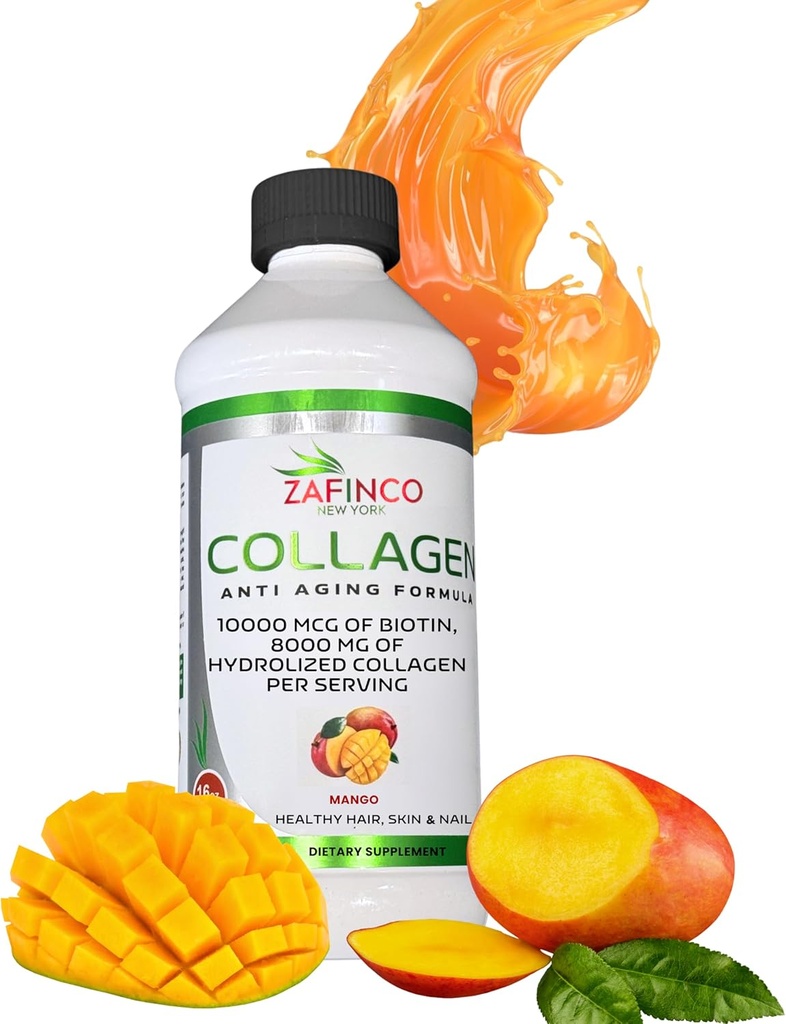 Liquid Collagen Peptides for Women & Men-Mango Flavored 10000 mcg Biotin+8000 mg Hydrolyzed,Sugar Free Premium Juice for Anti-Aging,Skin,Hair,Nails & Joints -16 Fl oz-Made in USA