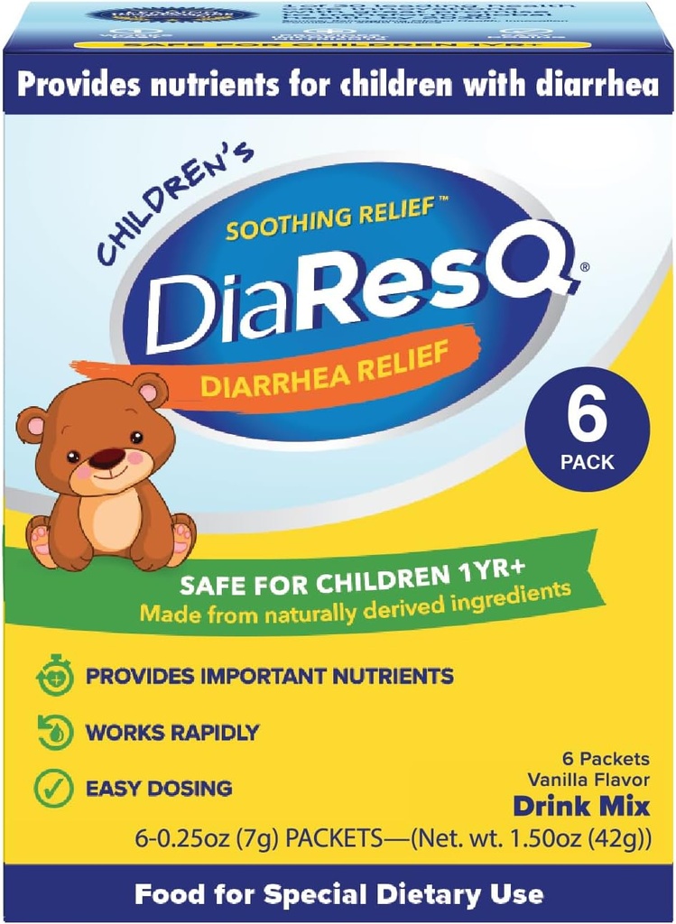 DiaResQ Diarrhea & Immune Support Colostrum Drink Mix for Children (1+ Years) Pack of 6, Soothing Relief, Helps Restore Normal Intestinal Function, Antibiotic & Drug-Free, Gluten Free, Vanilla Flavor