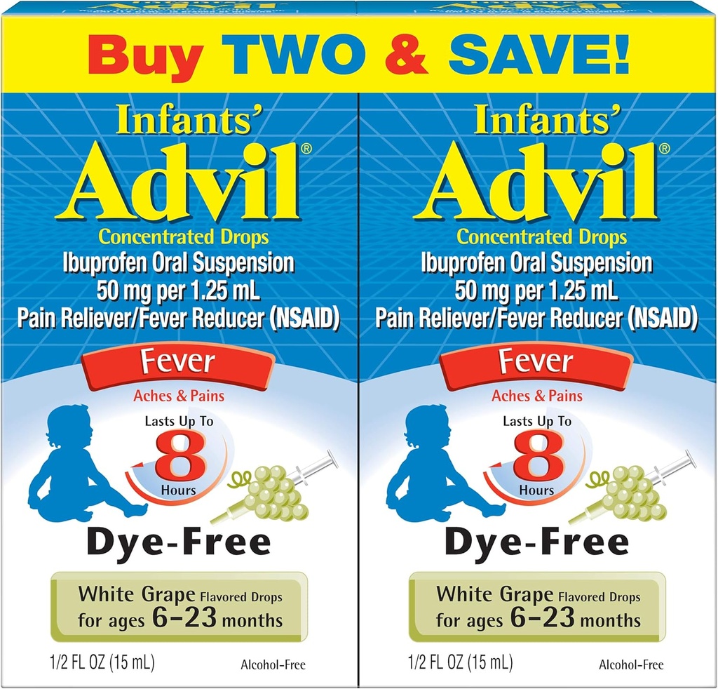 Advil Infants' Fever Reducer/Pain Reliever Dye-Free, 50mg Ibuprofen Concentrated Drops (White Grape Flavor, 0.5 fl. oz. Bottle, Pack of 2)