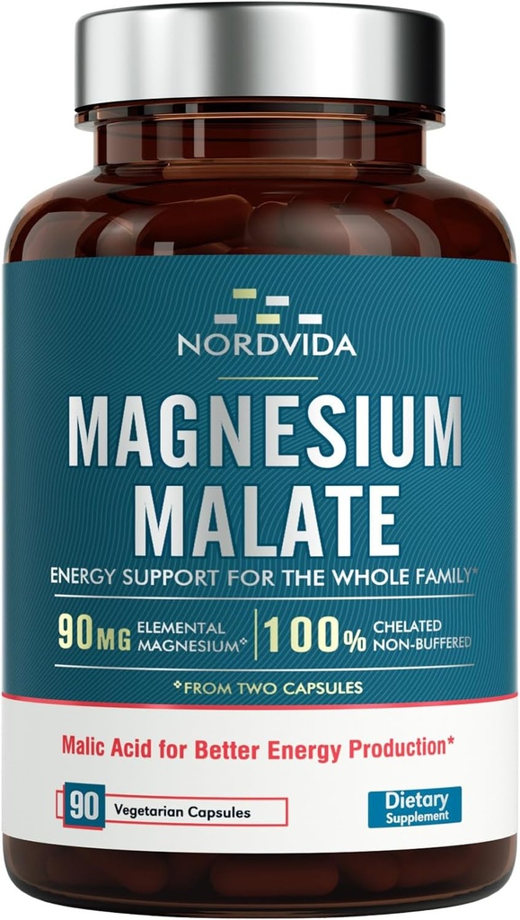 Magnesium Malate, 90 mg Elemental Magnesium, for Both Adults & Kids, Fully Chelated with Malic Acid, Support Energy Production & Muscle Health, Gut Friendly, Easy to Swallow, 90 Tiny Caps