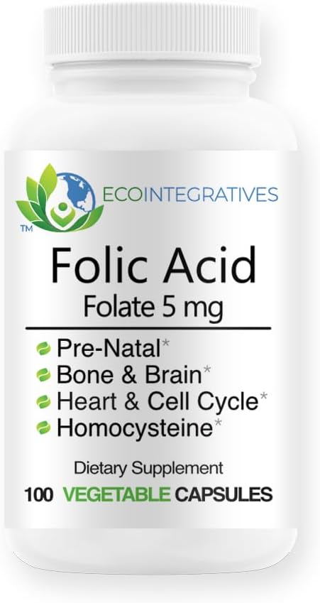 Folic Acid Folate 5mg (B9) Prenatal, Reproductive Health, Homocysteine, Metabolism, Cardiovascular, Bone, Immune Support, Allergen Free, Non GMO - 100 Vegan Capsules