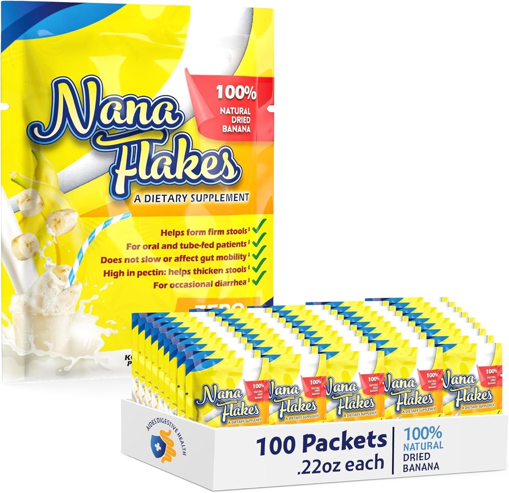 Nana Flakes 100% Pure Banana Flakes Medical Food Powder - Decrease Fat Intake & Natural Remedy for Diarrhea & Heart Burn - Great Source of Protein& Fiber (100 Single-Serve Packs)