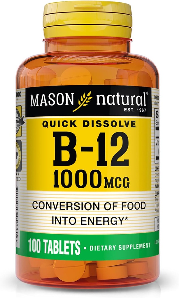 MASON NATURAL Vitamin B12, 1000 mcg Quick Dissolve Tablets, Fast Absorption B Complex to Support Normal Energy and Nerve Function, 100 Tablets