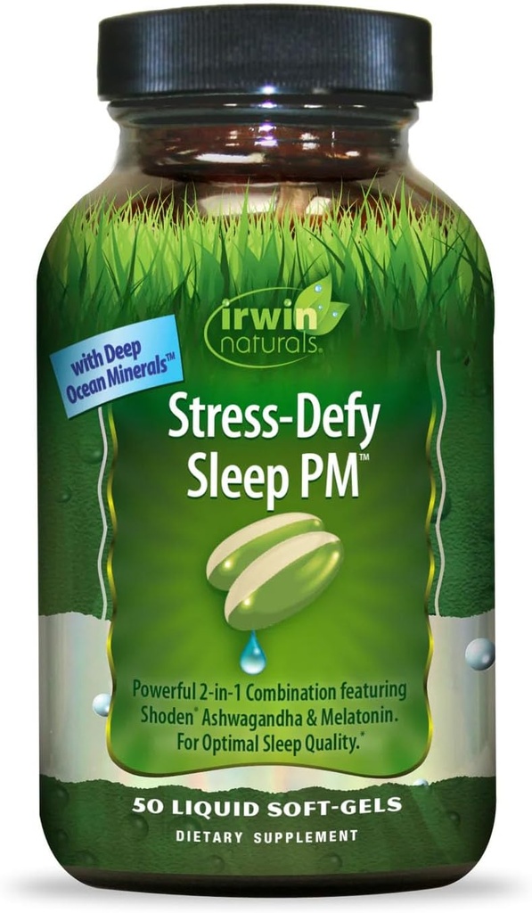 Irwin Naturals Stress-Defy Sleep PM - 50 Liquid Soft-Gels - Powerful 2-in-1 Combination with Ashwagandha & Melatonin - 25 Servings