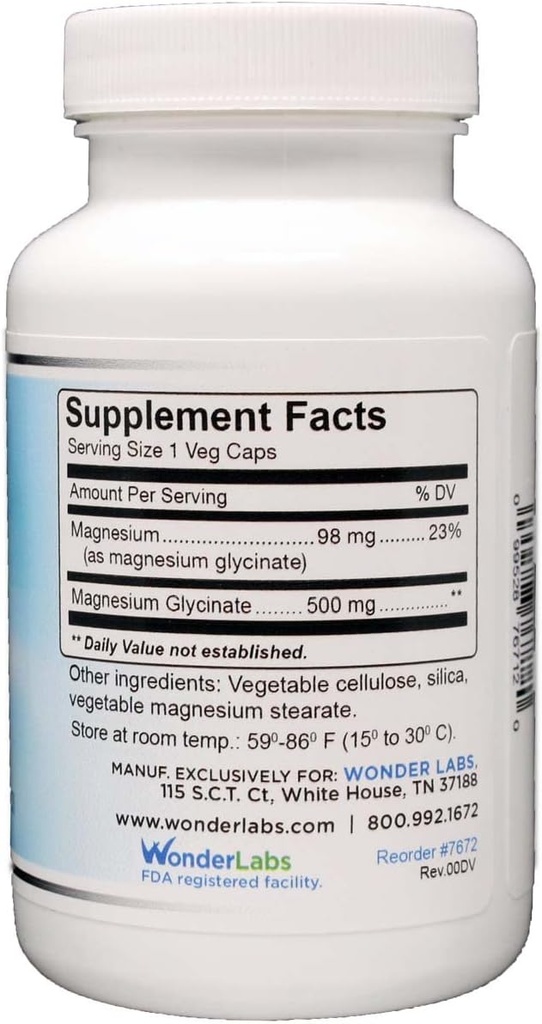 Wonder Laboratories Magnesium Glycinate 500mg, 100% Chelated for Superior Absorption, Non-GMO, NO Gluten Dairy & Soy, Supports Muscle, Joint, and Heart Health (120)