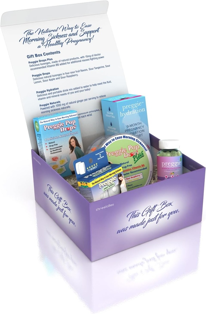 Three Lollies Preggie Gift Box - Natural, Pregnancy Nausea Relief Essentials with Anti-Sickness Lozenges, Hydration Packets, Ginger Capsules, & Anti-Nausea Bands for Morning Sickness