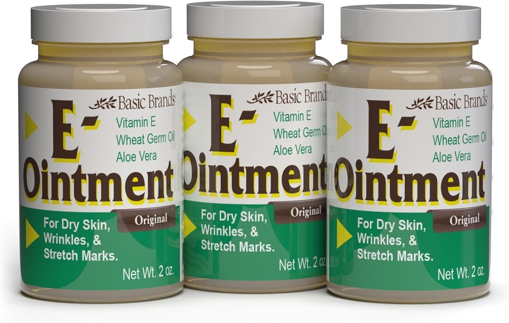 Basic Organics - Basic Brands - Vitamin E Ointment - 2 oz - Moisture Enhancing - Can Help Reduce Appearance of Scars, Stretch Marks, Fine Lines & Wrinkles - Pack of 3