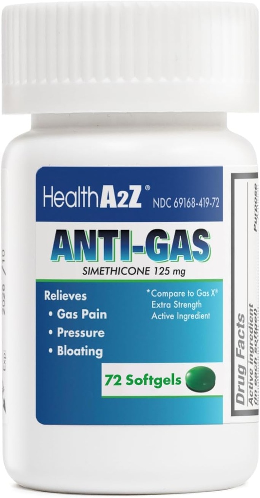 HealthA2Z® Gas Relief Simethicone | 125mg | Relieves from Stomach Discomfort and Gas | Anti Flatulence | Relieves Gas Fast and Bloating (72 Counts (Pack of 1))