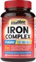 Iron Supplement for Women & Men, with Vitamins C, B6, B12 & Folate for Iron Deficiency, Blood Building & Energy Support, Stomach Friendly, Better Absorption, Non-GMO, No Gluten, 60 Vegan Caps