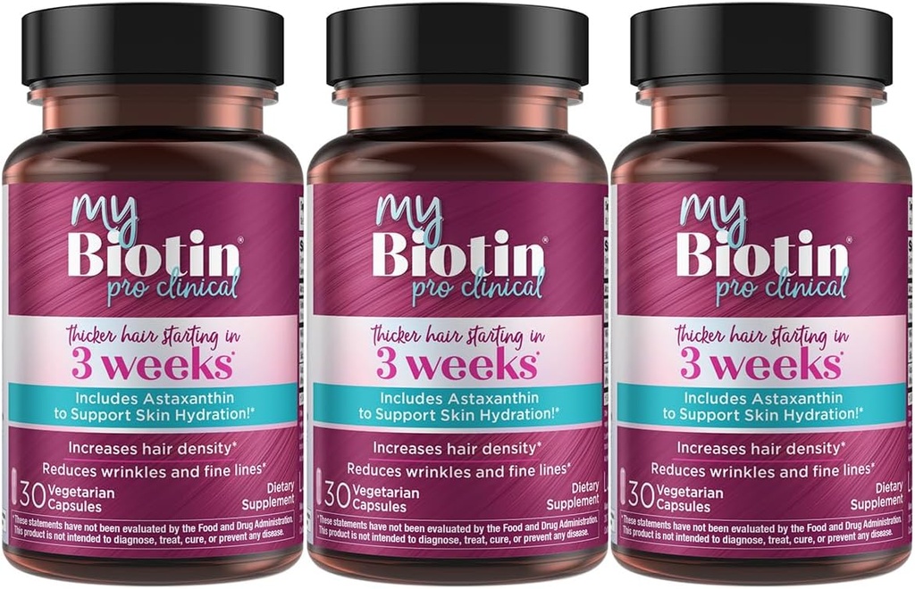 Purity Products MyBiotin ProClinical – Thicker Hair Starting in 3 Weeks & Fights Wrinkles - MB40X Patented Biotin Vitamin B7 Matrix w/Astaxanthin - 40X More Soluble vs Ordinary Biotin, 90 Veg Capsules