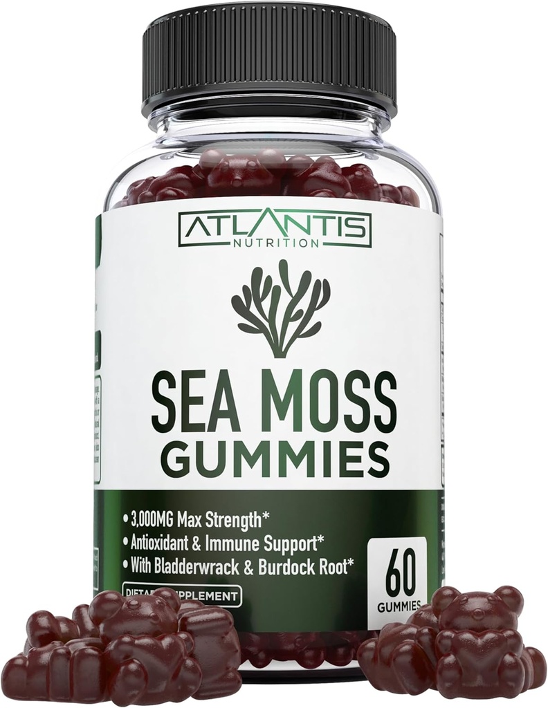 Irish Sea Moss Gummies - 3000MG - Formulated w/ Irish Sea Moss, Bladderwrack & Burdock Root, Contain Essential Vitamin & Mineral - Antioxidant-Rich Superfood Supplement, 60 Sea Moss Gummies for Adults