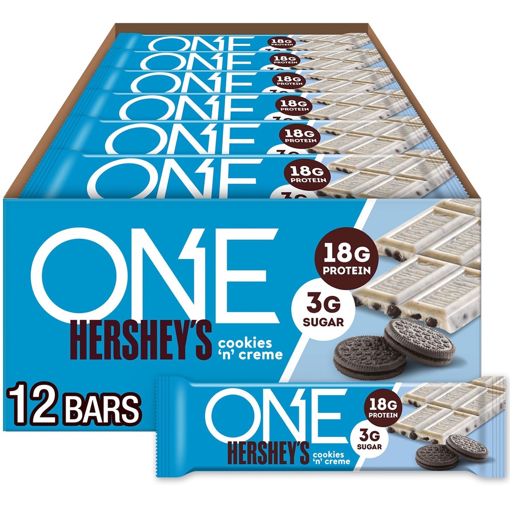 ONE Protein Bars, Hershey's Cookies 'n' Creme, Gluten Free with 18g Protein and 3g Sugar, Pantry Staples, 2.12 oz (12 Count)
