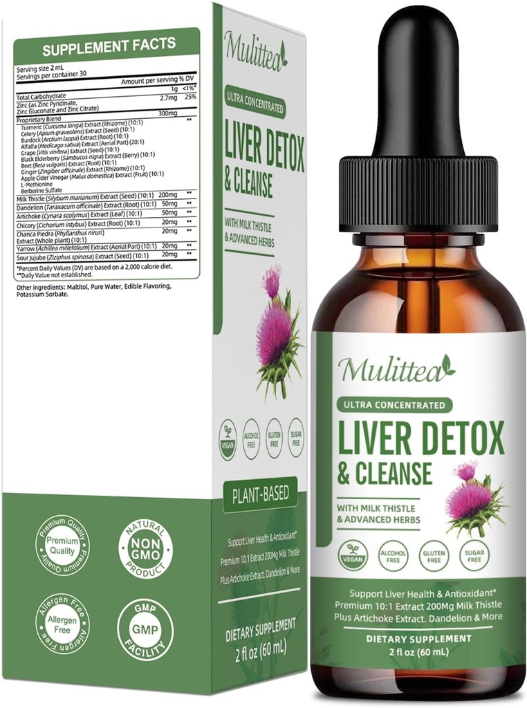 Liver Health Liquid Drops -Support Liver Cleanse Detox & Repair with Artichoke Milk Thistle Silymarin Extract, Dandelion,Turmeric, Berberine to Renew w/21 Potent Herb-Nutrients-60ml