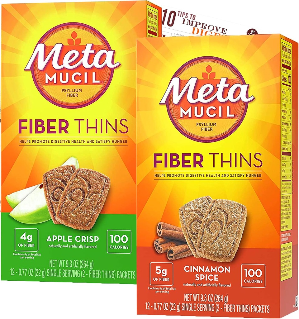 Metamucil Fiber Thins Fiber Supplement with Bleam Digestive Health Support Tip Card Psyllium Fiber Bars - 12CT Apple Crisp & 12CT Cinnamon Spice - Set