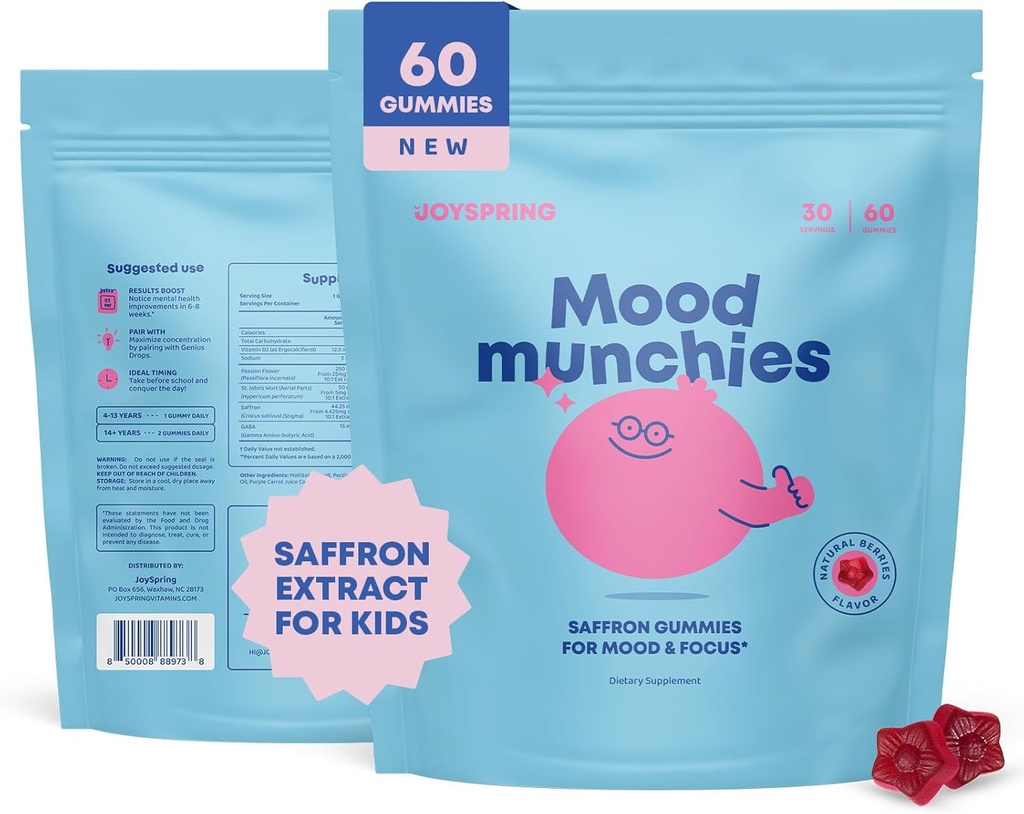 JoySpring Saffron Gummies for Kids | Saffron Extract with GABA Supplements Offer Mood Support and Calms Temper Tantrums | Sugar Free Gummies