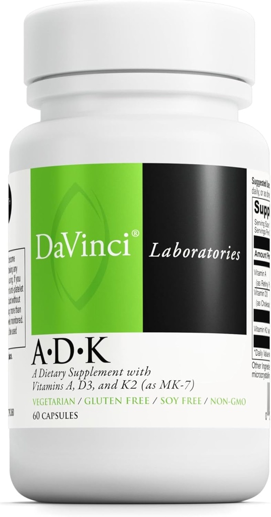 DAVINCI Labs ADK - Helps Support Bone, Heart & Immune Health - Dietary Supplement with Vitamins A, D3 & K2 (as MK-7) - Vegetarian, Gluten Free & Soy Free - 60 Capsules