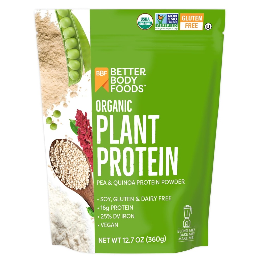 BetterBody Foods Organic Plant Based Protein Powder, 16g of Protein 24% DV, Vegan, Low Net Carbs, Gluten Free, Dairy Free, No Sugar Added, Soy Free, Non-GMO, 12.7 Ounces