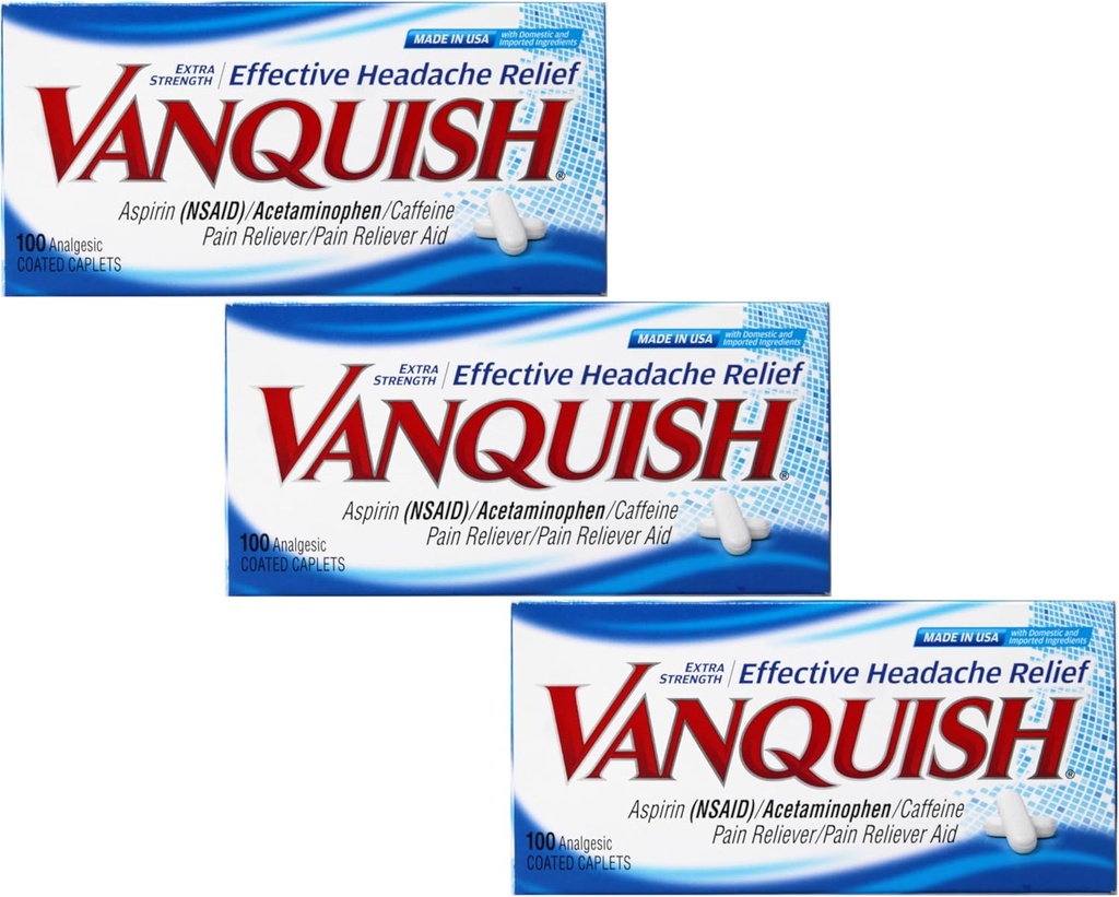 Vanquish Effective Headache Relief – Aspirin (NSAID), Acetaminophen, Caffeine, 100 Analgesic Coated Caplets - 3 Pack