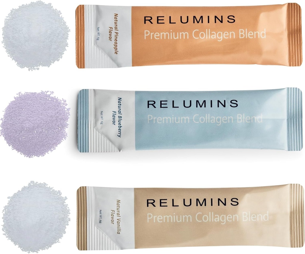 Relumins Marine Collagen Powder Drink Mix - Collagen Peptide with Glutathione, Green Tea, CoQ10, & Hyaluronic Acid Boosts Smooth Glowing Skin - 100 Powder Sachets x Mix Flavored