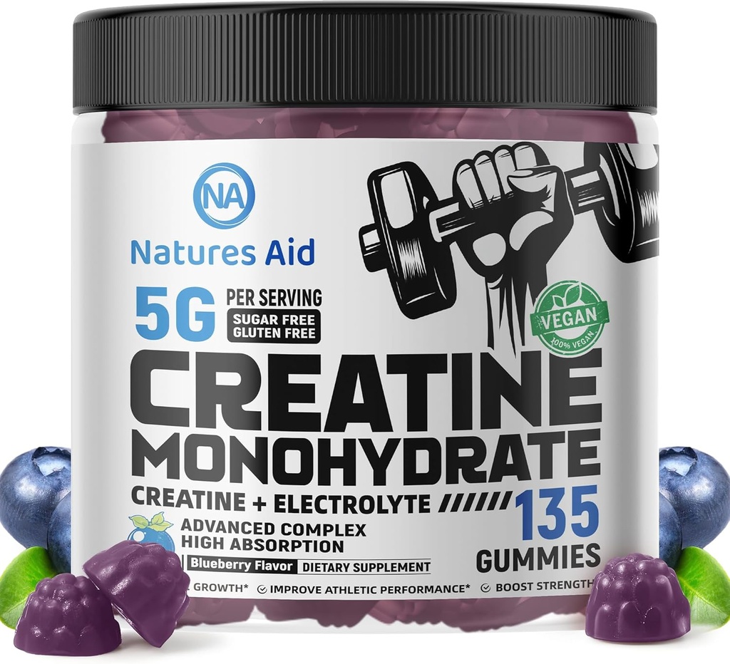 Natures Aid Creatine Monohydrate Gummies (5g) – Pre-Workout Energy & Muscle Growth Support for Men & Women | Blueberry Electrolyte Gummies (135 Count)