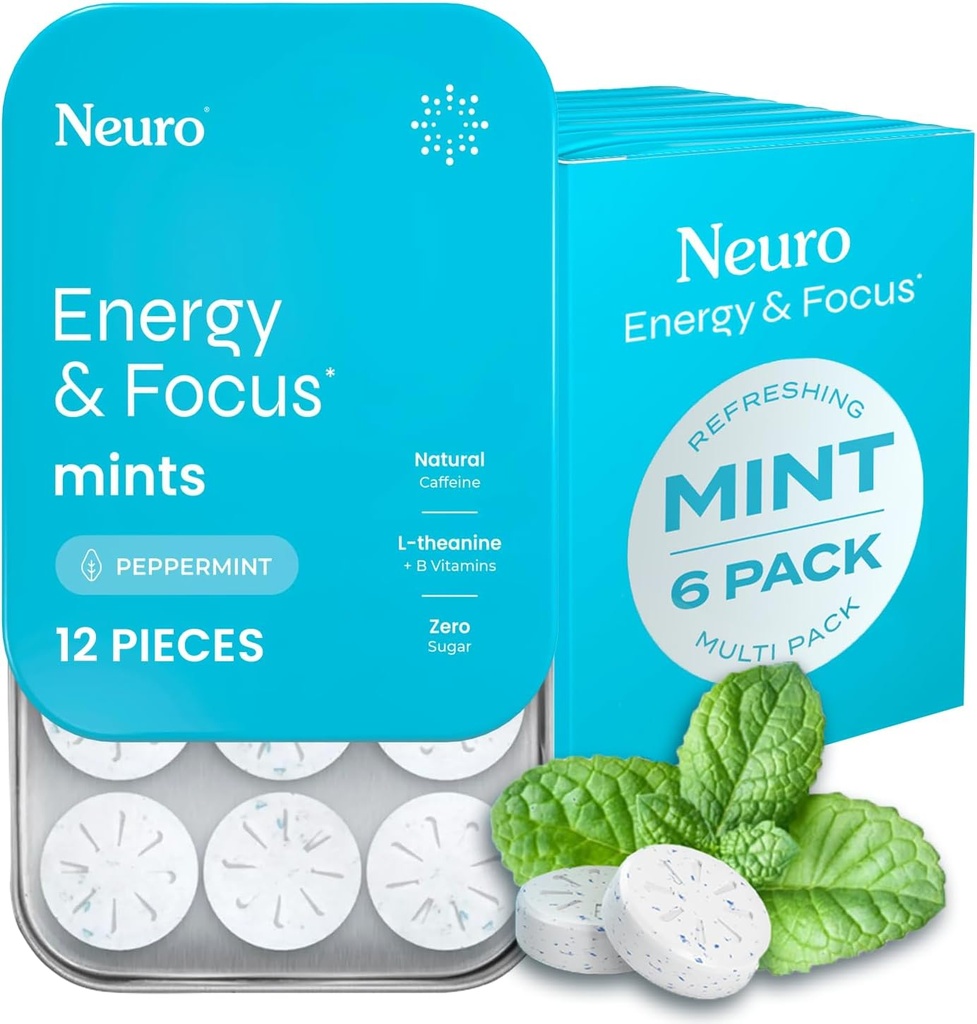 NeuroGum Energy & Focus Mints (72 Count-6 Pack, Peppermint) | 40mg Natural Caffeine + L-Theanine + Vitamin B12 & B6 | Sugar Free Nootropic Cognitive Brain Performance Supplement
