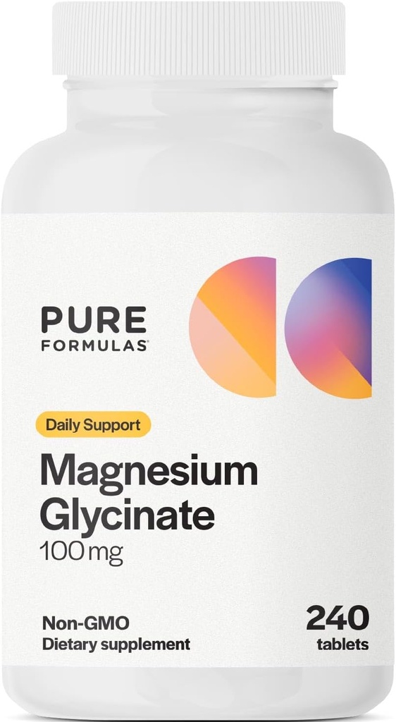 PureFormulas Magnesium Glycinate 100 mg Daily Support for Stress, Nerves, Sleep, Muscles, Metabolism Pure Magnesium Glycinate Supplement for Women and Men Magnesio Non-GMO 240 Tablets