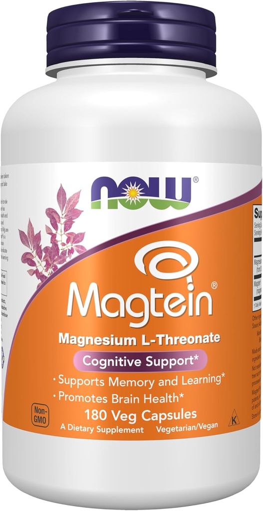 NOW Foods Supplements Magtein, Magnesium L-Threonate, Cognitive Support*, 180 Veg Capsules