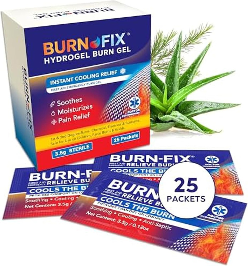 BurnFix® Hydrogel Burn Gel Packets – 3.5 g Soothing First Aid Burn Cream for Instant Cooling Relief on Minor Burns, Sunburns & Scalds │ Ideal Emergency Kit Essential (Pack of 25)