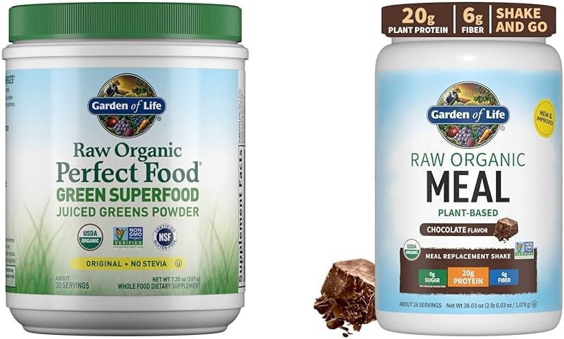 Garden of Life Raw Organic Perfect Food Green Superfood Juiced Greens Powder & Raw Organic Meal Replacement Shakes - Chocolate Plant Based Vegan Protein Powder