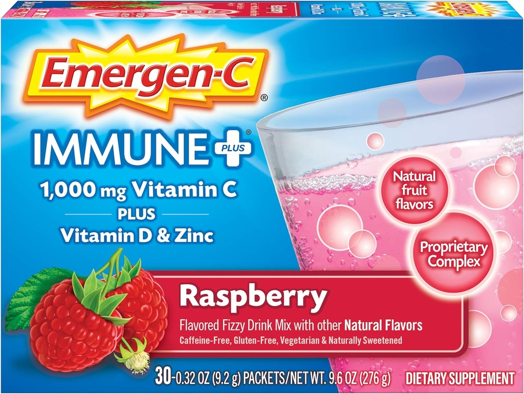 Emergen-C Immune+ 1000mg Vitamin C Powder, with Vitamin D, Zinc, Antioxidants and Electrolytes for Immunity, Immune Support Dietary Supplement, Raspberry Flavor - 30 Count/1 Month Supply