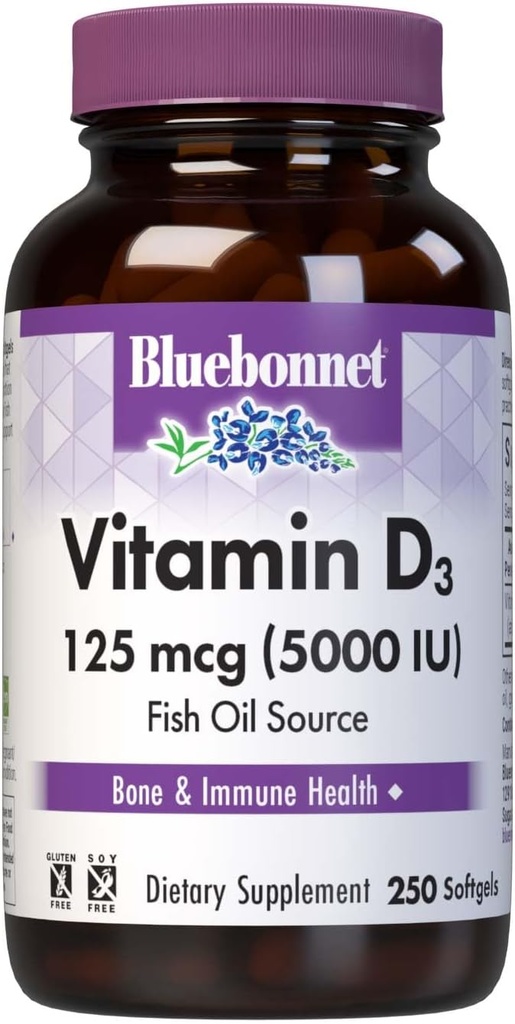 Bluebonnet Nutrition Vitamin D3 5000 IU Softgels, Aids in Muscle and Skeletal Growth, Cholecalciferol from Fish Oil, Non GMO, Gluten Free, Soy Free, Dairy Free, Yellow, 250 Softgels