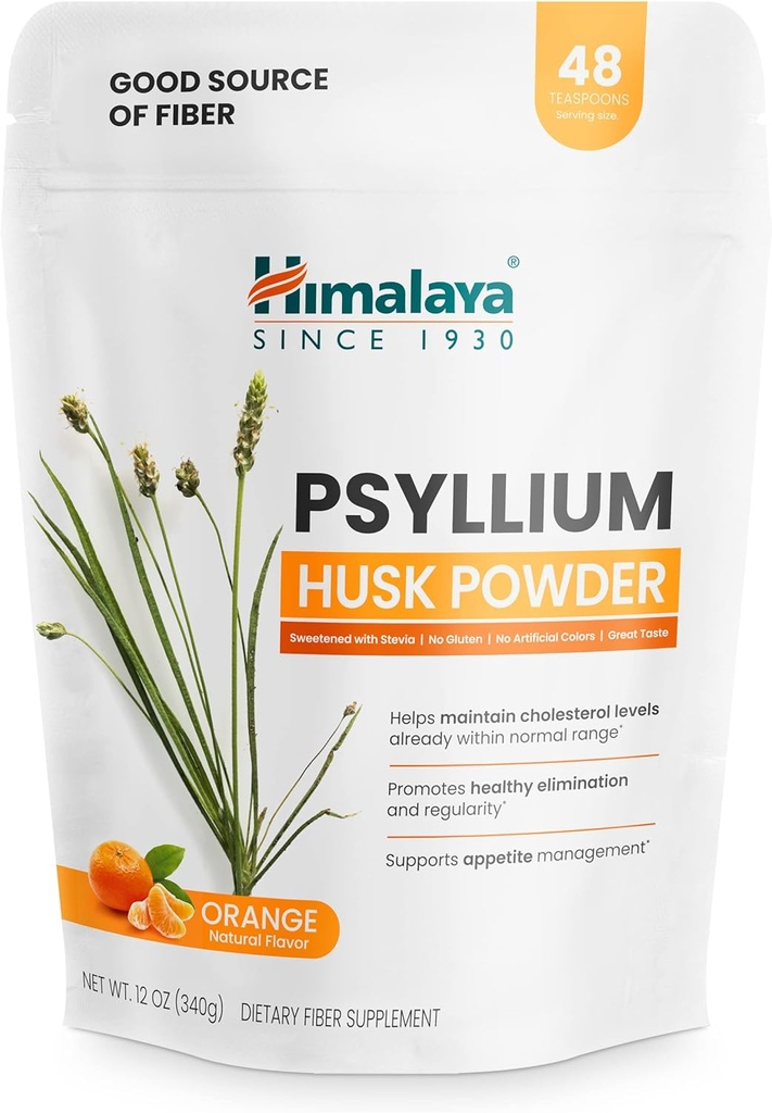Himalaya Psyllium Husk Powder, Orange, 48 Servings - Daily Fiber Supplement for Supporting Digestive Health and Regularity - Vegan, Non-GMO, Sugar Free, Gluten Free, 12 oz (340 g)