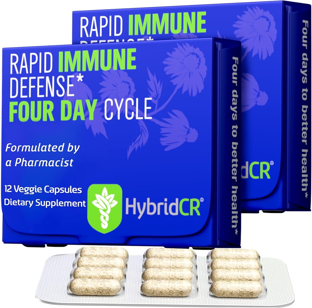 HybridCR Rapid Immune Support Supplement – 4 Day Immunity Supplement - Immune Defense Booster with Echinacea, Ginseng, Andrographis, Zinc, Selenium – Travel Size System Support – 24 Caps, 2 Dose Packs
