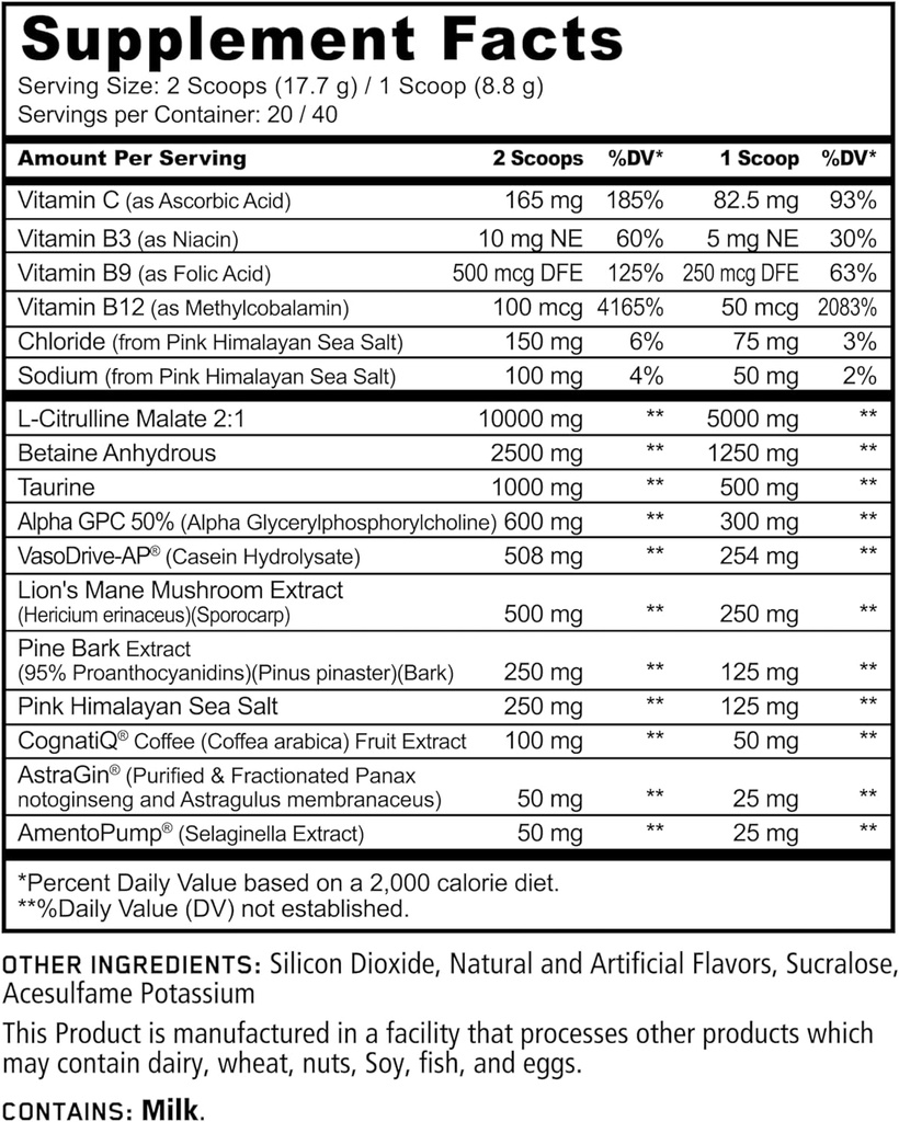 Underground Bio Labs Panda Supps Pump, Pre-Workout, No-Clump Formula w/10G L-Citrulline Malate, Alpha GPC, Lions Mane,CognatiQ™, VasoDrive-AP® 40 Scoops (BlackBerry Lime)